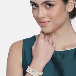 I Jewels Women White Gold-Plated Stone Studded Adjustable Pearl Bracelet-picture-13