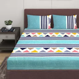 ROMEE Blue & White Geometric 144 TC Queen Bedsheet with 2 Pillow Covers-picture-30