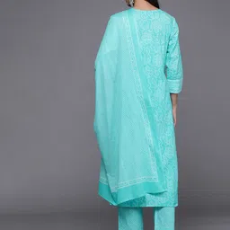 Varanga Women Blue Bandhani Printed Mirror Work Pure Cotton Kurta with Trousers & Dupatta image 3