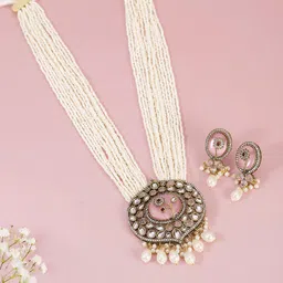 Peora Gold Plated Kundan Beads Studded Long Necklace with Earrings-picture-31