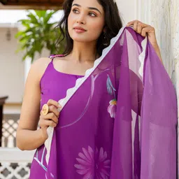 KALINI Floral Printed Shoulder Straps Straight Kurta with Trousers & Dupatta image 3