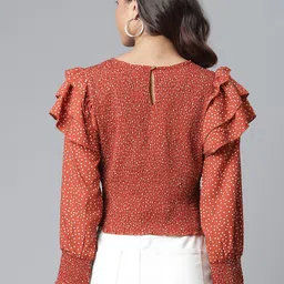plusS Red & White Puff Sleeve Ruffles Smocked Regular Top image 4