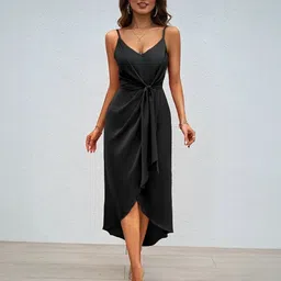 Bebe Women Solid Shoulder Straps Midi Wrap Dress-picture-37