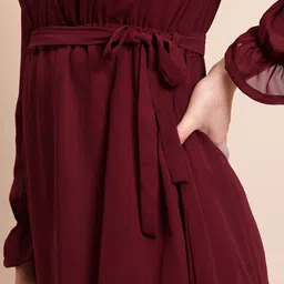 Mast & Harbour Puff Sleeves Wrap-Style Georgette A-Line Dress with Belt image 2