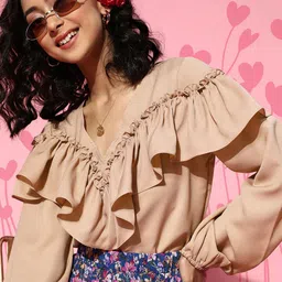 Athena Women Classy Beige Solid Ruffled Top-picture-23