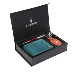 WildHorn Men Teal Blue & Orange RFID Protected Genuine Leather Accessory Gift Set-image-5