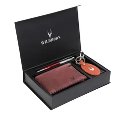 WildHorn Men Brown & Orange RFID Protected Genuine Leather Wallet & Pen Accessory Gift Set-image-82