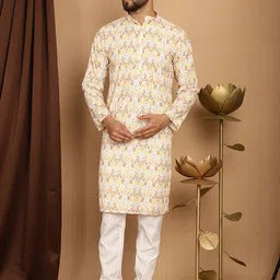 SOJANYA Men Yellow Ethnic Motifs Thread Work Kurta image 5