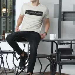 Huetrap Men Beige & Black Typography Printed Sustainable T-shirt image 4