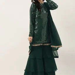 Ethnovog Women Green Embellished Made To Measure Kurta with Sharara  Dupatta image 2