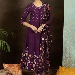 Indo Era Floral Printed Pure Cotton Anarkali Kurta With Trousers & Dupatta image 3