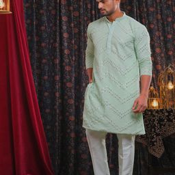 VASTRAMAY Chevron Embroidered Mirror Work Kurta with Pyjamas-picture-17