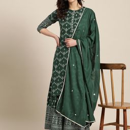 Sangria Women Green & Off-White Printed Kurta with Palazzos & Dupatta-picture-30