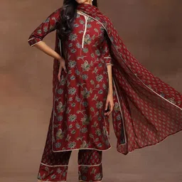 Libas Women Maroon & Green Floral Print Kurta with Palazzos & Dupatta image 3