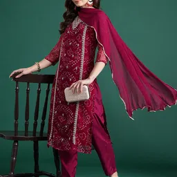 Indo Era Bandhani Printed Zari Panelled Silk Chiffon Kurta with Trousers & With Dupatta image 2