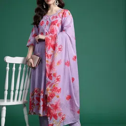 Indo Era Floral Printed Regular Pure Cotton Kurta with Trousers & Dupatta-picture-30