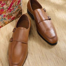 House of Pataudi Men Tan Brown Solid Handcrafted Leather Formal Monk Shoes-picture-15