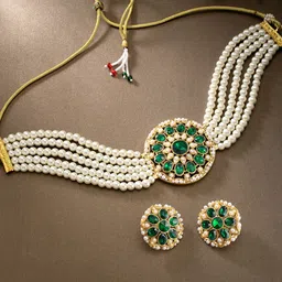 Peora White & Green Gold-Plated Handcrafted Beaded Jewellery Set-picture-36