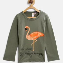 Kids On Board Girls Olive Green Printed Round Neck Pure Cotton T-shirt image 1