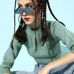 STREET 9 Women Mint Green Ribbed Acrylic Crop Pullover-image-96