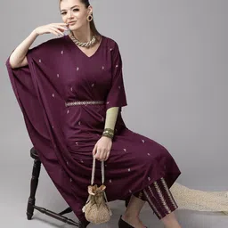 Ahalyaa Women Burgundy & Golden Printed Kurta with Trousers image 1