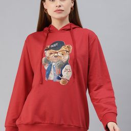 plusS Plus Size Women Red Printed Fleece Hooded Sweatshirt-picture-3