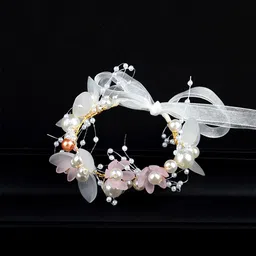 Yellow Chimes Pink & White Pearl Beaded Floral Fabric Wraparound Bracelet image 3