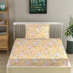 Trance Home Linen Orange & Pink 180 TC Cotton Fitted Single Bedsheet with 1 Pillow Covers-picture-19