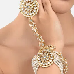 Zaveri Pearls Gold-Toned & White Kundan & Pearl Studded Ring Bracelet-picture-30