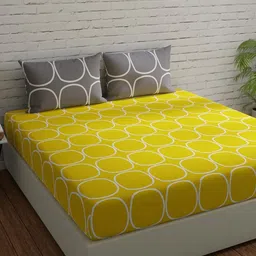 Huesland Yellow & White Geometric Fitted 144 TC Cotton King Bedsheet with 2 Pillow Covers-image-67