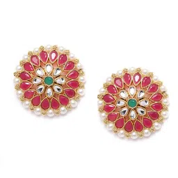 Zaveri Pearls Pink & Off-White Gold-Plated Stone-Studded & Beaded Circular Oversized Studs image 1