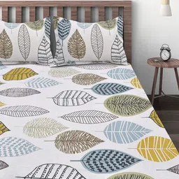 Huesland Beige & Black Graphic Cotton 144 TC Double Queen Bedsheet With 2 Pillow Covers image 2