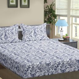 Trance Home Linen Blue & White Floral Printed 180 TC Fitted Cotton King Bedsheet Set-picture-26