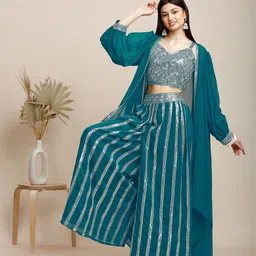 MADHURAM Embroidered V- Neck Crop Top & Shrug With Palazzos Co-Ords-image-12