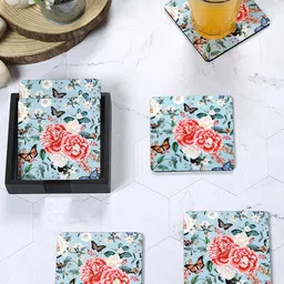 Reinvention Factory Set Of 6 Turquoise Blue Printed Wooden Coasters-picture-43