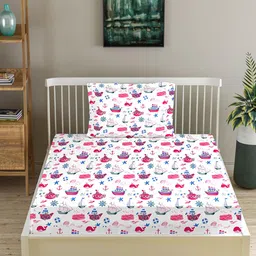 Trance Home Linen Pink & White Graphic 180 TC Single Fitted Cotton Bedsheet Set-picture-22