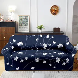 Cortina Navy Blue Floral Printed Stretchable 3-Seater Sofa Cover-picture-13
