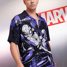 HIGHLANDER Marvel Men Spider-Man Printed Cuban Collar Viscose Relaxed Shirt image 3