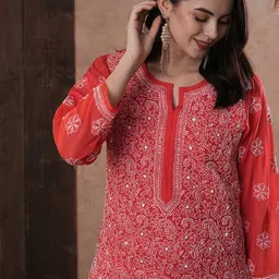 ADA Women Plus Size Red & White Ethnic Motifs Embroidered Chikankari Handloom Kurta image 2