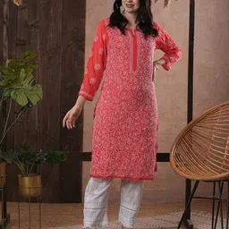 ADA Women Plus Size Red & White Ethnic Motifs Embroidered Chikankari Handloom Kurta image 3