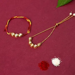 Yellow Chimes Gold-Plated Kundan Dori Bhaiya Bhabhi Rakhi Combo with Roli & Chawal image 1