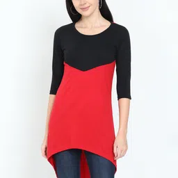 Fleximaa Red & Black Colourblocked High-Low Longline Pure Cotton Top image 1