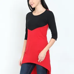 Fleximaa Red & Black Colourblocked High-Low Longline Pure Cotton Top image 3