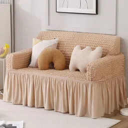 HOKIPO Beige Stretchable 2 Seater Bubble With Frill Sofa Cover With Arms image 2