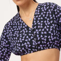 DressBerry Floral Dream Seersucker Drop-shoulder Sleeves Crop Top image 3