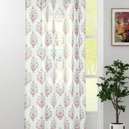 HOMADORN White & Pink Floral Eyelet Sheer Linen Long Door Curtains image 1