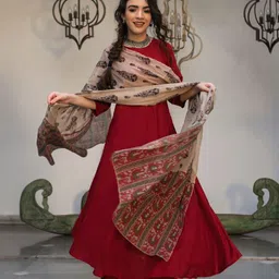 Rustorange Women Maroon Solid Anarkali Kurta with Palazzo & Dupatta-picture-14
