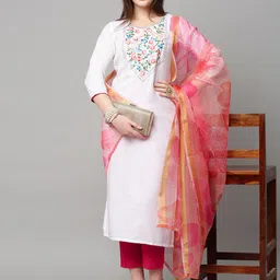KALINI Women White Floral Yoke Design Kurta with Trousers & Dupatta-image-19
