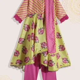 Biba Girls Green & Pink Floral Printed High-Low A-Line Kurta with Trousers & With Dupatta-image-57