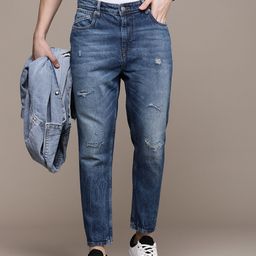French Connection Men Pure Cotton Comfy Tapered Fit Mildly Distressed Light Fade Jeans-picture-35
